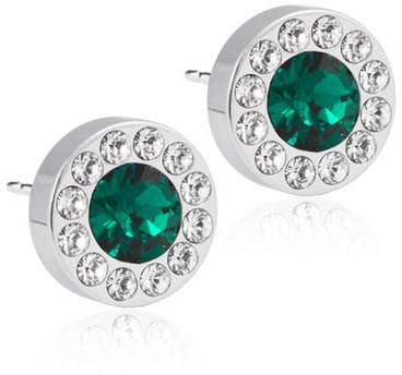 Round earrings with large green center stone surrounded by small clear stones.