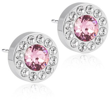 Silver earrings with large pink gemstone center, surrounded by small clear stones in a circle.