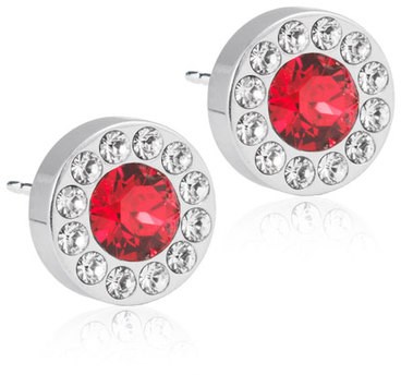 Round earrings with a large red center gem surrounded by smaller clear stones on a silver base.