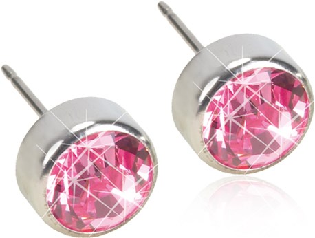 Dette er små, runde, sølvøredobber med rosa edelstener inni. De ser skinnende og fine ut.