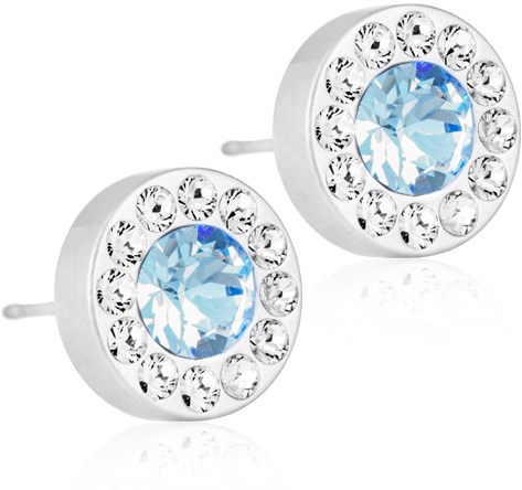 Round earrings with a big blue gem in the center, surrounded by smaller clear gems, looks shiny and fancy.