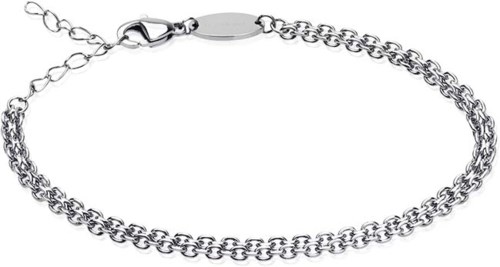 A silver chain bracelet with a lobster clasp, plain round plate, and small intertwined links.