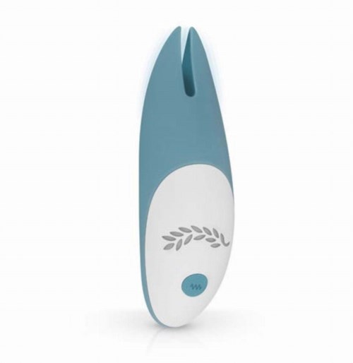 A handheld device with a blue and white design, featuring a small digital display and a slit on top.