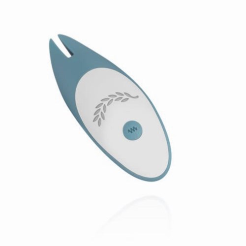 A small, sleek device with a leaf design and a button, used for cleaning or dusting.