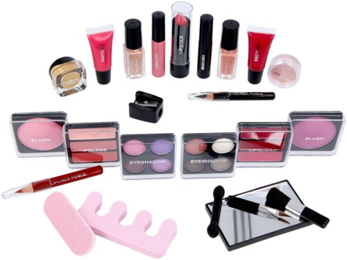 Samling av makeup-produkter inklusive läppglans, rouge, ögonskugga, läppstift, borstar och en applikator-svamp.