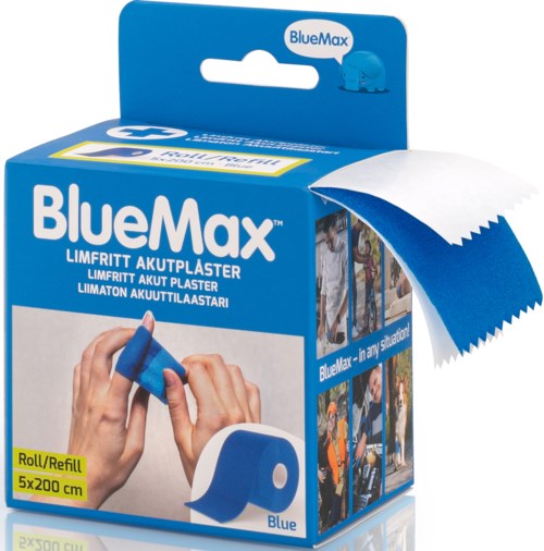 Niebieskie opakowanie pokazuje plastr BlueMax, z ręką nakładającą go i rolką taśmy. Na opakowaniu są szczegóły produktu.