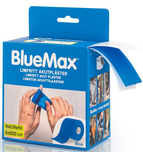 BlueMax brand, box of elastic bandages, showing hands applying one, label for refilling, 6 packs of 500 cm each.