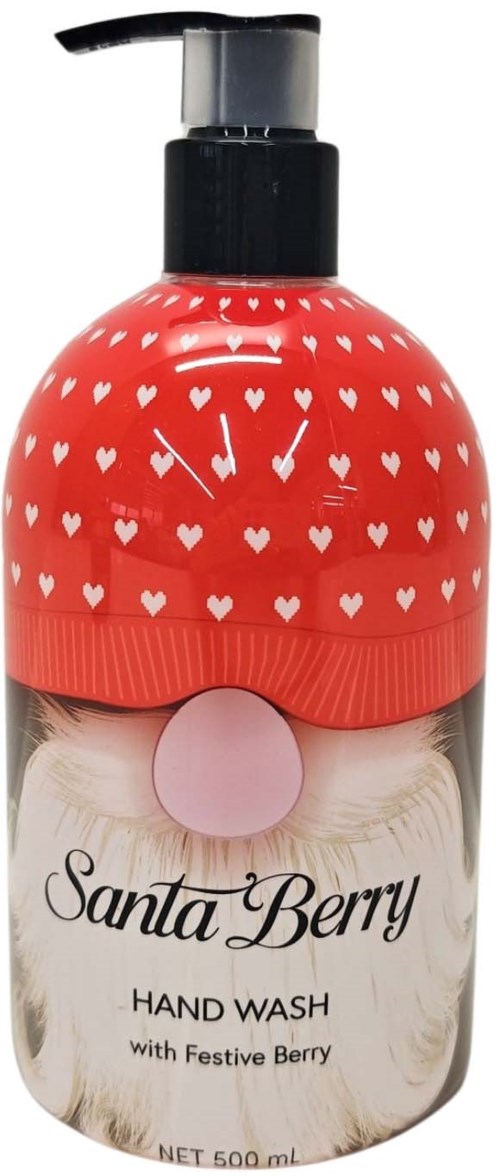 Flaska med Santa Berry handtvätt med röd hatt med hjärtan och tomteillustration.