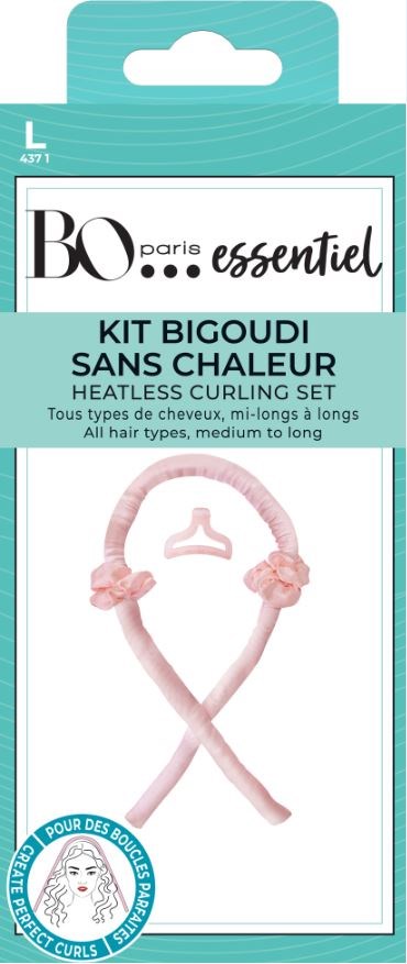 Een roze hittevrije krulsetriem met strikken, in tealverpakking met Franse en Engelse labels voor alle haartypes.