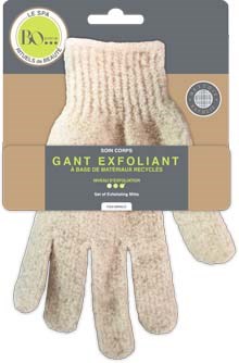 En biologisk nedbrydelig fiberhandske med label, designet til at eksfoliere og rense huden.