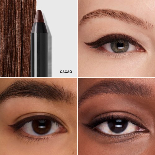 Fyra bilder visar sminkartiklar och ögon med olika ögonmakeupstilar. En visar en brun eyelinspenna märkt 'CACAO' och tre närbilder av ögon med eyeliners.