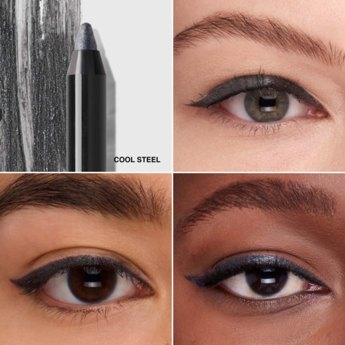 Fyra olika ögonmakeupstilar visas på ögon av olika hudtoner, med en penna märkt 'Cool Steel'.