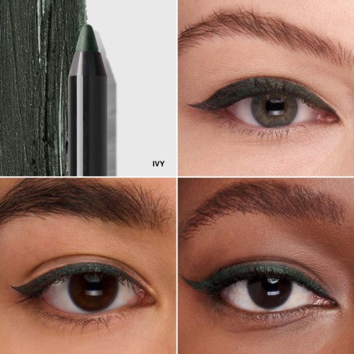 Fyra bilder: en grön penna, en kvinna med svart eyeliner, en kvinna med bruna ögon och svart eyeliner, och en kvinna med mörk hud och svart eyeliner.