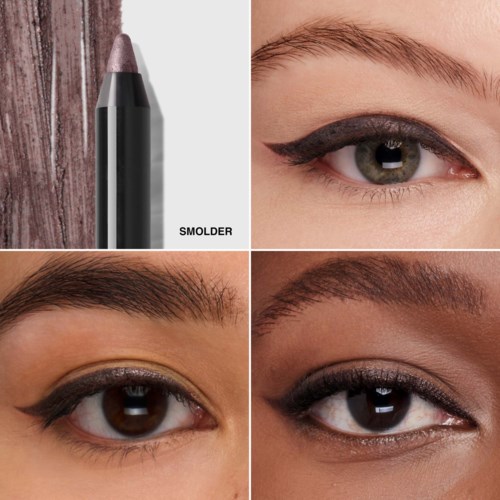 Fyra närbilder: ögon med olika sminkstilar och en svart eyelinerpenna på en träbakgrund.
