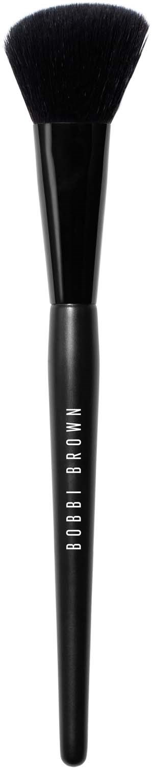 A black makeup brush with a rounded fluffy head and a handle that has Bobbi Brown written on it.