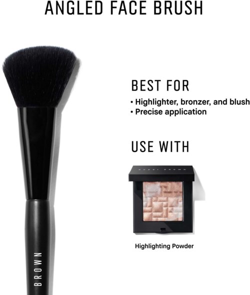 Illustration of an angled face brush and highlighting powder, with tips for makeup application and highlighting.