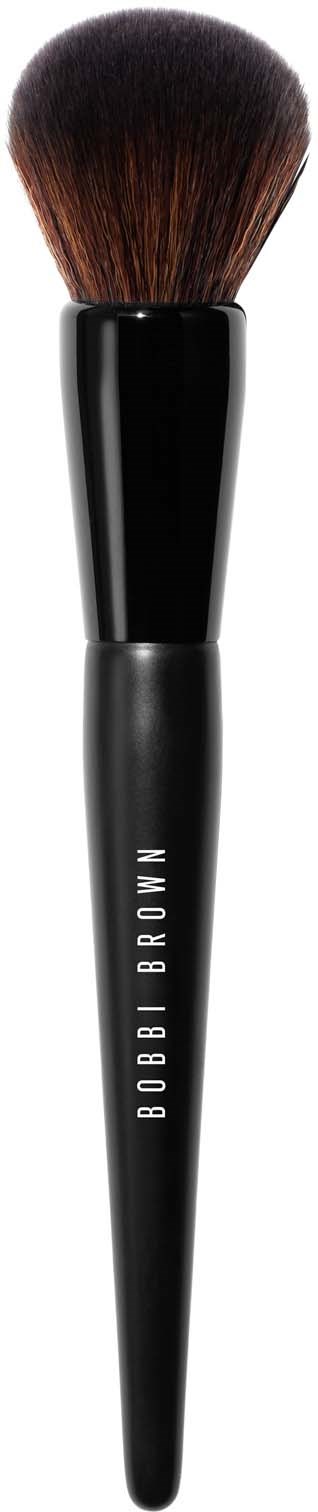 Make-up kwast met zwart handvat en Bobbi Brown-logo, met zachte bruine haren.