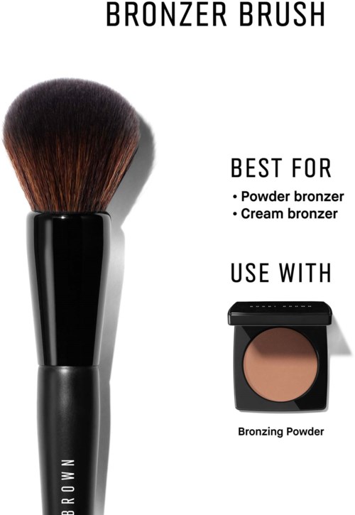 Illustratie van een bronzerborstel met verschillende productaanbevelingen zoals poeder- en crèmebronzer en bronzepuder in een compact.