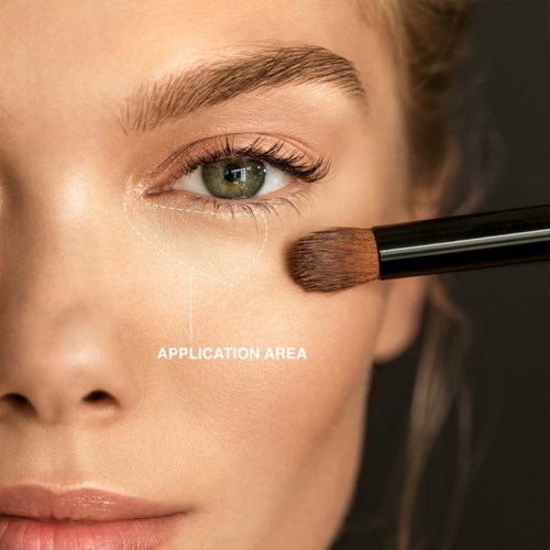 Närbild på en kvinnas ansikte med en makeupborste nära hennes kind, märkt 'Application Area.'