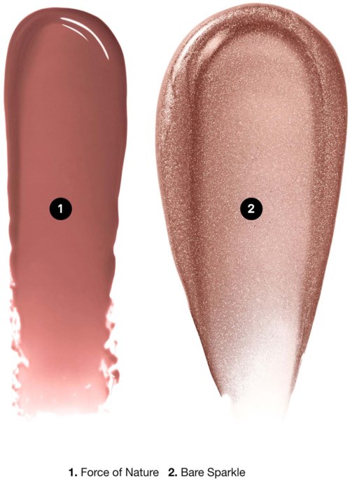 Pinselstriche von Pink und schimmerndem Champagnerton Make-up, nummeriert 1 und 2, zeigen Lippenstift und Highlighter.