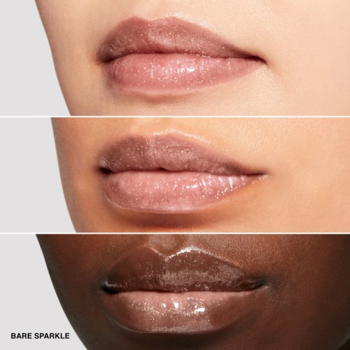 Three lips with different shiny, glittery lip gloss styles in various skin tones. Bare sparkle on each set.