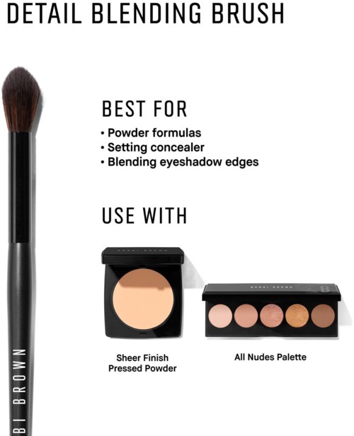Typografiebild mit Text, der einen Make-up-Blendpinsel beschreibt, geeignet für Puder, Concealer und Lidschattenkanten, mit Produktbildern.