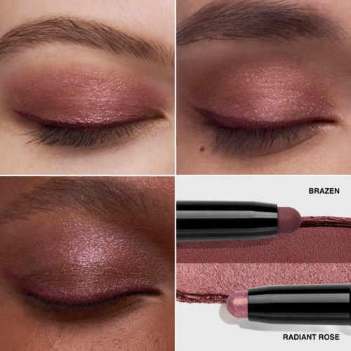 Eye makeup with pink, glittery eyeshadow on eyelids, shown in four close-up views and a pink lipstick tube.