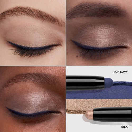 Zbliżenie na oczy z różnymi cieniami, eyelinerem i próbkami dwóch produktów do makijażu o nazwach Rich Navy i Silk.