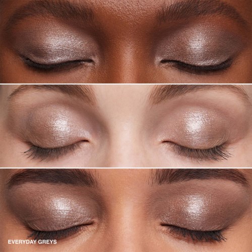 The image shows three close-up views of eyes with silver eyeshadow and closed eyelids.