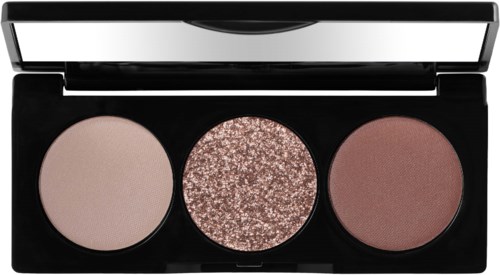 Een make-up palette met drie oogschaduwkleuren: licht, glanzend en donker. Met spiegel.