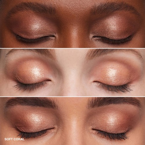 Three pairs of closed eyes show shimmery, neutral eyeshadow in different skin tones.