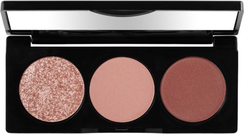 A makeup palette with three eyeshadow shades: sparkly, matte pink, and matte brown.