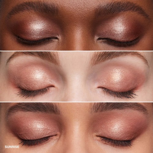 Three people show their closed eyes with shimmery eyeshadow makeup in different skin tones.
