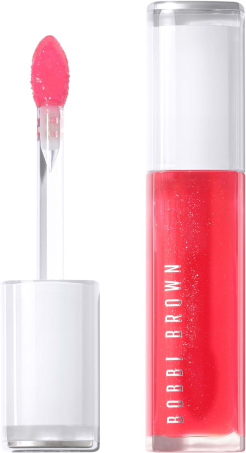 Lippenbalsemgloss met roze glans en applicator. Transparante container met witte tekst 'BOBBI BROWN'.