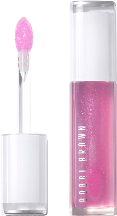 Roze lipgloss met applicator en doorzichtige tube die de gloss erin laat zien.