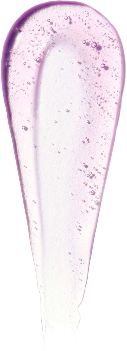Een lange druppel met een paarse tint en bubbels erin, smaller wordt naar de onderkant.