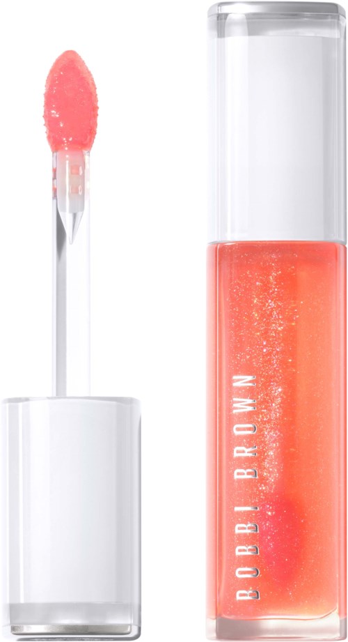 Lipgloss met een roze applicator in een doorzichtige tube. De tube heeft witte tekst die zegt 'BOBBI BROWN'