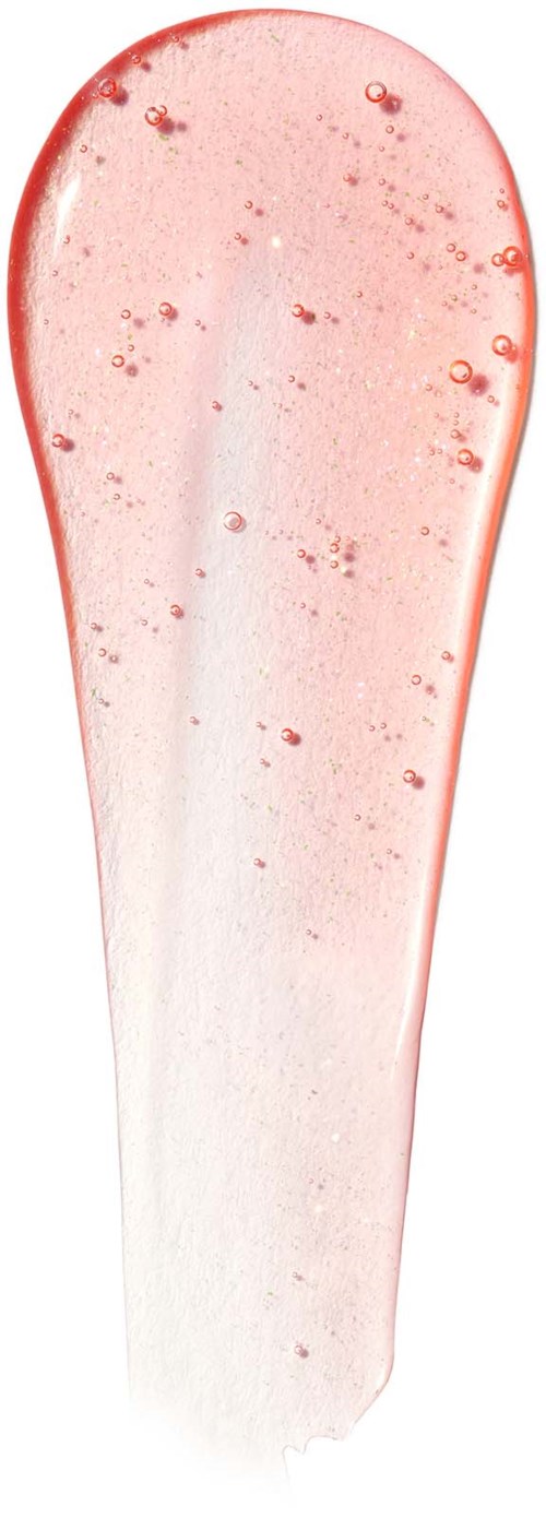 Een heldere plastic spatel met roze-rode vloeistof en bubbels erin.