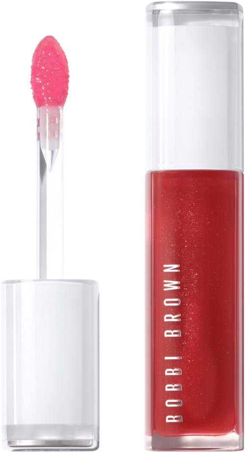 Lippenbalsem tube met een roze applicator en rode glans binnenin. Het merknaam Bobbi Brown staat op de tube.