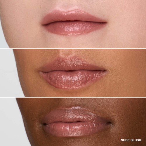 Tre närbilder av läppar med olika nyanser av nude-läppstift och gloss.