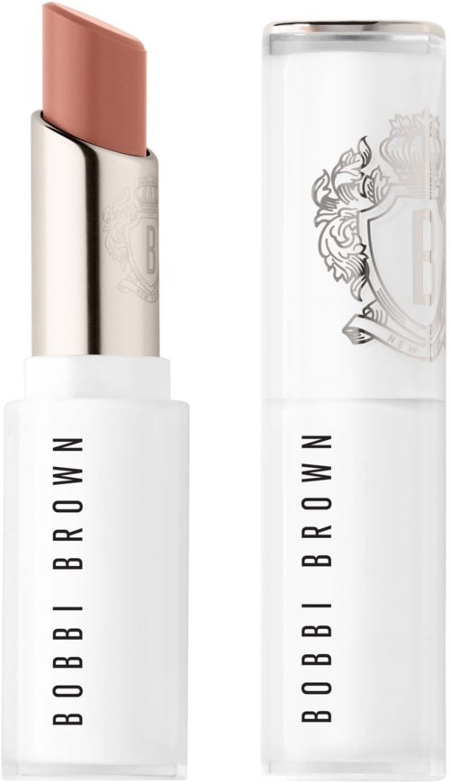Ett läppbalsam eller läppstift i en vit askena med märket Bobbi Brown. Korken är genomskinlig med en logo.