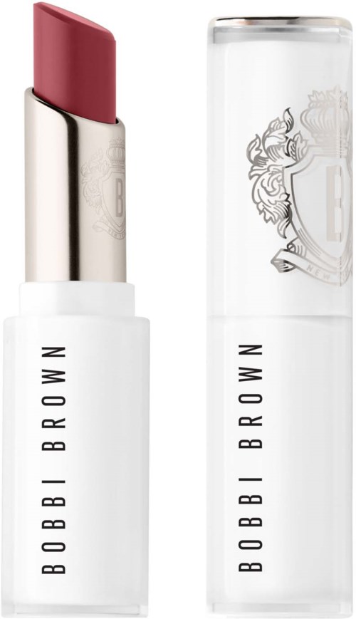 Ett vitt läppstift fodral från Bobbi Brown med rosa läppstift och transparent lock.