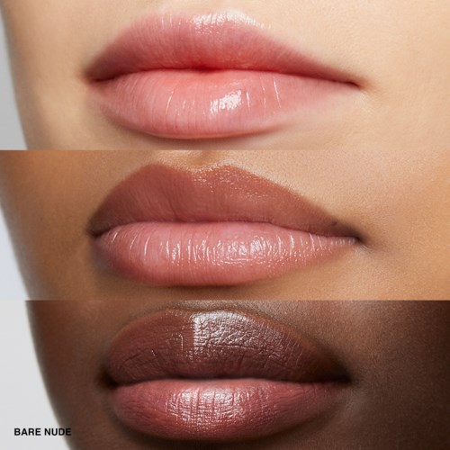 Three lips with different shades of lipstick or gloss, from natural to darker and glossy colors.