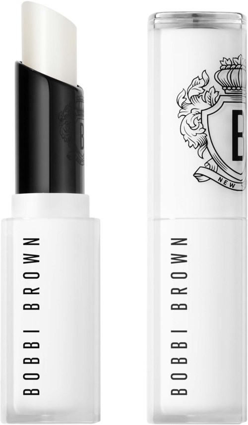 En vit läppbalsamstick med svart band och en klar behållare med logo och text.
