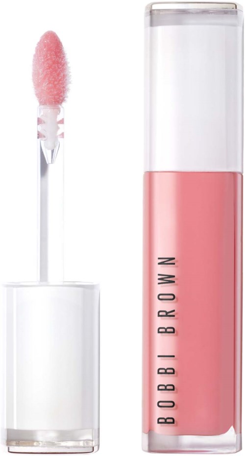 Een roze lipgloss met een applicator en een doorzichtige container.