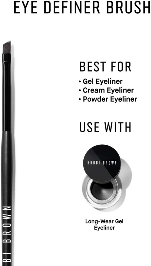 Ögonbrynspensel med text som beskriver dess användning för gel, kräm eller puder eyeliner, samt rekommendationer att använda med gel eyeliner.