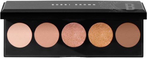 Paleta cieni Bobbi Brown z pięcioma odcieniami w czarnym opakowaniu. Zawiera jasny, różowy, brokatowy, złoty i brązowy kolor.