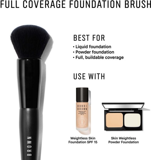 Text erklärt, dass die Pinsel ideal für flüssiges und Puder-Foundation geeignet ist, für leichtes Hautgefühl und Puder, mit Produktnamen.