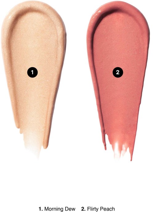 To makeupprøver, en i lys beige kaldet Morning Dew og en i lyserød kaldet Flirty Peach.