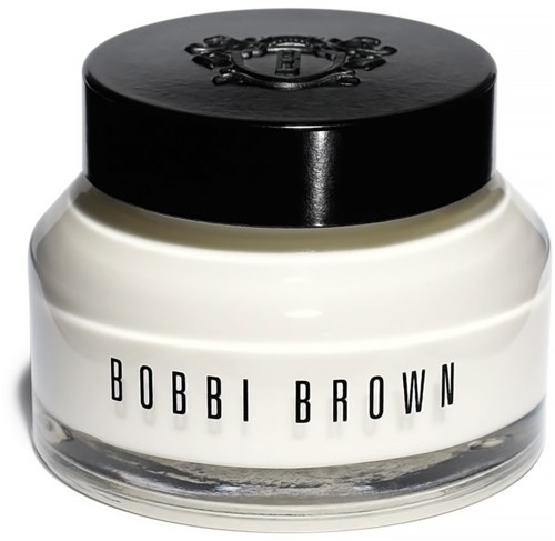 En vit burk med svart lock, märkt 'BOBBI BROWN', används för kosmetiska eller hudvårdsprodukter.